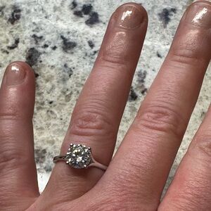 A 1.6 carat mossanite solitaire ring set in 14 carat white gold. Size 6.5.